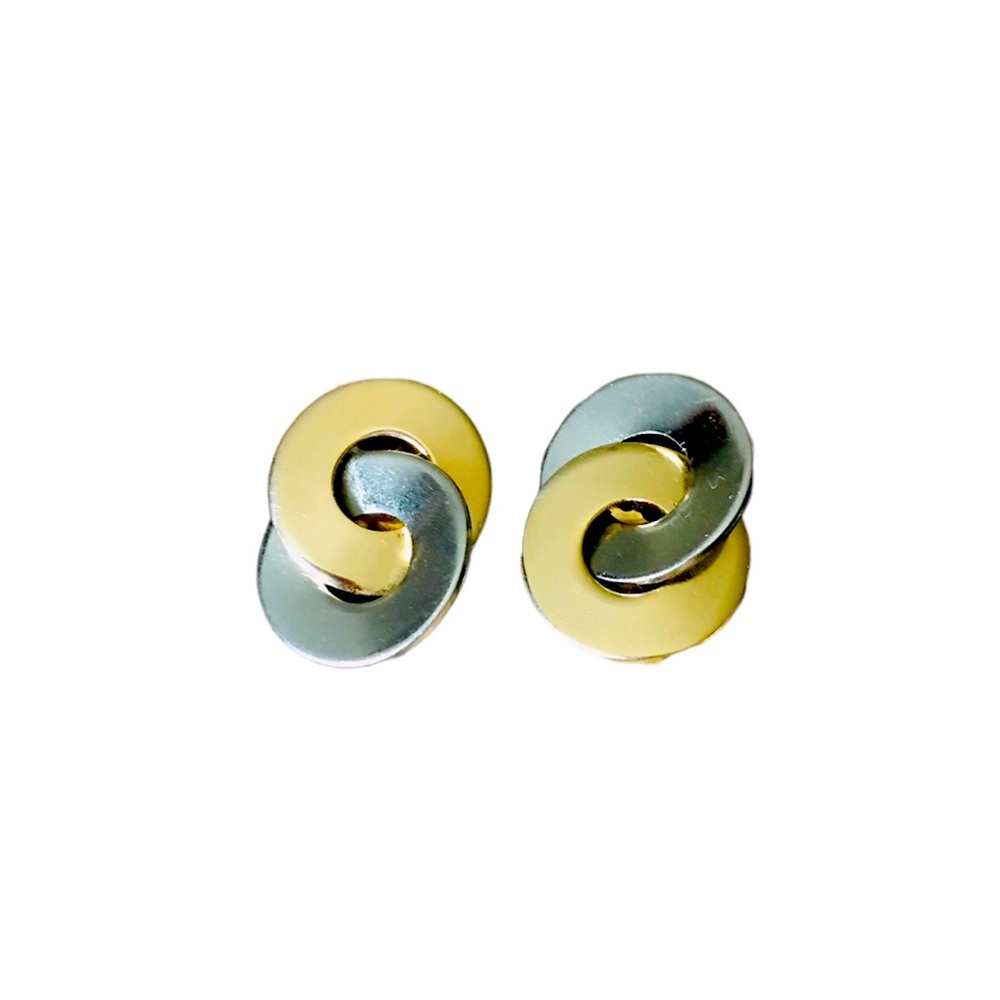 Vintage MCM Costume Gold & Silver Tone Round Geometric Shape Clip On Earrings